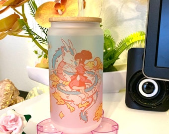 Kawaii dragon and girl 16oz Glass Tumbler / Anime / Manga / Kawaii / Cute / Glass Cup with Lid / Reusable plastic Straw, blue and pink