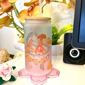 Kawaii dragon and girl 16oz Glass Tumbler / Anime / Manga / Kawaii / Cute / Glass Cup with Lid / Reusable plastic Straw, blue and pink