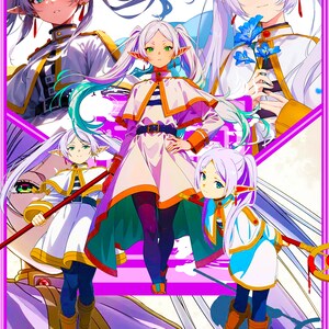 Op de afbeelding: Digitale illustratie van anime-achtige personages met elfenachtige kenmerken. De personages hebben wit haar, groene ogen en dragen witte en gouden outfits met capes. De achtergrond is een collage van de personages en paarse accenten.