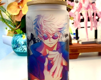 16oz Glass Tumbler / Anime / Manga / Kawaii / Cute / Glass Cup with Lid / Reusable Plastic Straw