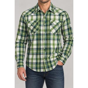 May include: A long-sleeve button-down shirt featuring a plaid pattern in shades of green, white, and dark blue. The shirt includes a pointed collar, a front button placket, and two chest pockets with buttoned flaps on the front panels.