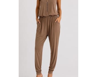 Ellie Kate Womens Y2K Vintage Brown Gold Sleeveless V Neck Zip Jumpsuit Size M