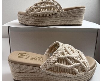 Sbicca Eureka Macrame Espadrille Platform Wedge Sandals Size 7 Boho Cottagecore