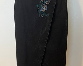Wanted By Beads Beautiful-80s Vintage, Black, Denim, USA, Long, Midi Skirt. Sz-S