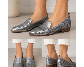 Vince Camuto Kadee Silver Pointed Toe Cut Out Leather Loafer Womens Flats Sz 9.5