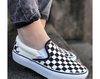 Vans-Classic Ivory Black White Checkerboard Slip On Canvas Woman's Shoes Size-8