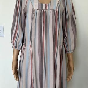 Knox Rose-Earthtone, Striped, Crochet Trim, Linen, Baby Doll, Dress. Size-M