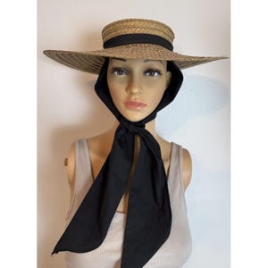 Vintage Straw Sun Hat Wide Brim Black Scarf Tie Garden Party Victorian Style 70s Vintage Wide Brim Hats A beautiful pair of vintage statement  main image 4