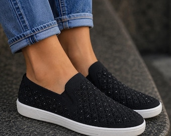 White Mountain Womens Upbringing Bling Slip On Sneakers Size 11M Black White Y2K
