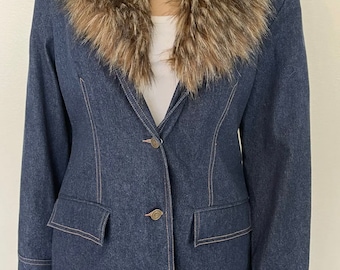 Terry Lewis Classic Luxuries-70’s Vintage, Denim, Faux Fur Collar, Jacket. Size-S