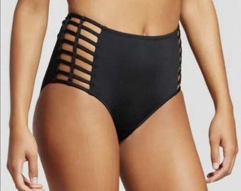 Mossimo-Black, Cut Out Sides, High Waisted, Surf, Beach, Swimsuit Bottom. Size-M