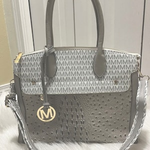 Milani Milan-Gris y blanco, Cuero vegano, Gator/avestruz en relieve, Bolso satchel