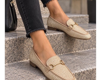 Steve Madden Carrine Womens Raffia Horse Bit Square Toe Loafers Sz 6M Beige Gold