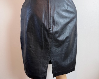 Concepts-80s/90s Vtg, Black, Leather, Lined, Back Slit, Retro, Skirt. Size-11
