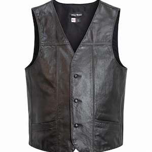 May include: Black leather vest with a V-neck, three buttons, and two front pockets. The vest has a classic design and is made of a textured leather material. The brand name "Steer Brand" is visible on the inner label.