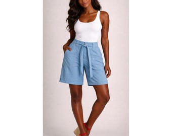 True Grit 1991 90sY2K Vtg Womens Cool Blue USA Poplin Cotton Bermuda Short Sz 10