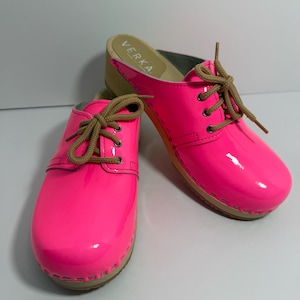Verka-Rosett, Neon Pink, Patent Leather, Wooden Heel, Clogs. Size-38/Size-7
