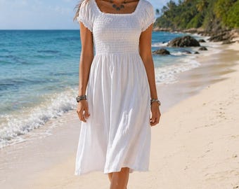 Vestido pareo blanco con mangas abullonadas y fruncido de Peaceful People, talla L, estilo cottagecore, hecho a mano.