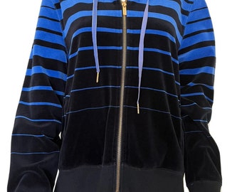 Calvin Klein-90s vtg, women’s, blue/black, velour, zip up, hooded, jacket. Size-M