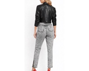 GUESS - Jeans vintage anni '80, lavaggio acido/stone nero, vita alta, cerniera laterale, USA, taglia 32