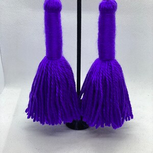 May include: A pair of long purple tassel earrings with silver hooks.