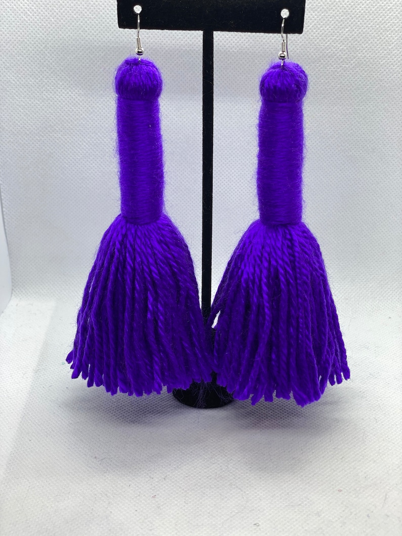 May include: A pair of long purple tassel earrings with silver hooks.