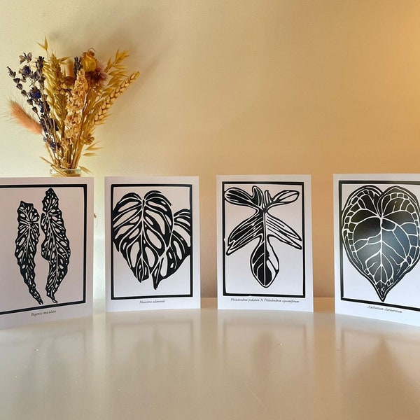 House Plants Leaf Greetings Card | Plant Lover Card | Birthday Card | Pack of 4 | Lino Print Begonia, Monstera, Anthurium & Philodendron