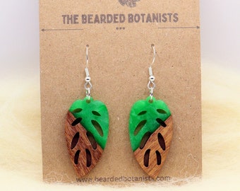 Wooden Monstera Leaf Earrings | Handmade Wooden Resin Earrings | Nature Inspired Jungle Jewellery | Botanical houseplant Gift for her