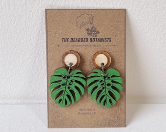 Monstera Leaf Drop Earrings | Handpainted Botanical Jewellery | Lasercut Wooden Jungle Earrings | Sustainable Houseplant Earrings for Her