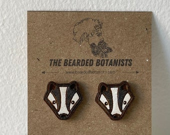 Cute Badger Stud Earrings | Woodland Park Jewellery | Sparkly Badger Head Studs | Hypoallergenic Earrings | Wooden British Wildlife Studs