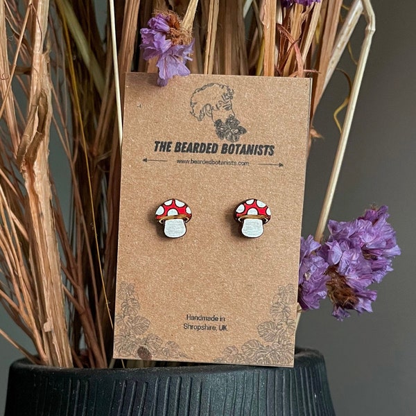 Cute Mushroom Stud Earrings | Woodland Toadstool Jewellery | Fungi Wooden Earrings for Her | Sustainable Fungus Earrings | Cottagecore Gift