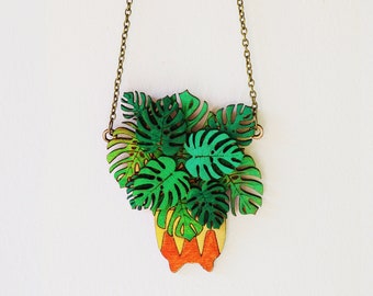 Monstera Deliciosa / Swiss cheese potted plant necklace, Hand-painted laser cut necklace, Wooden jewellery gift for plant lovers