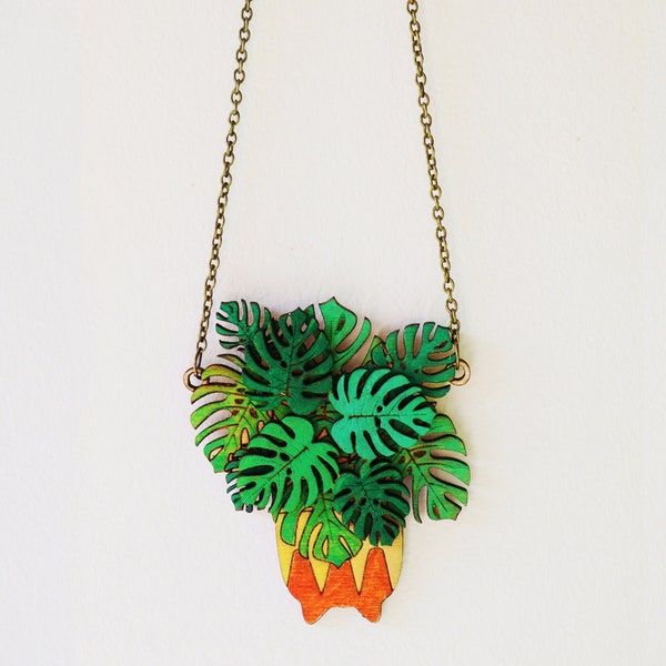 Monstera Deliciosa / Swiss cheese potted plant necklace, Hand-painted laser cut necklace, Wooden jewellery gift for plant lovers