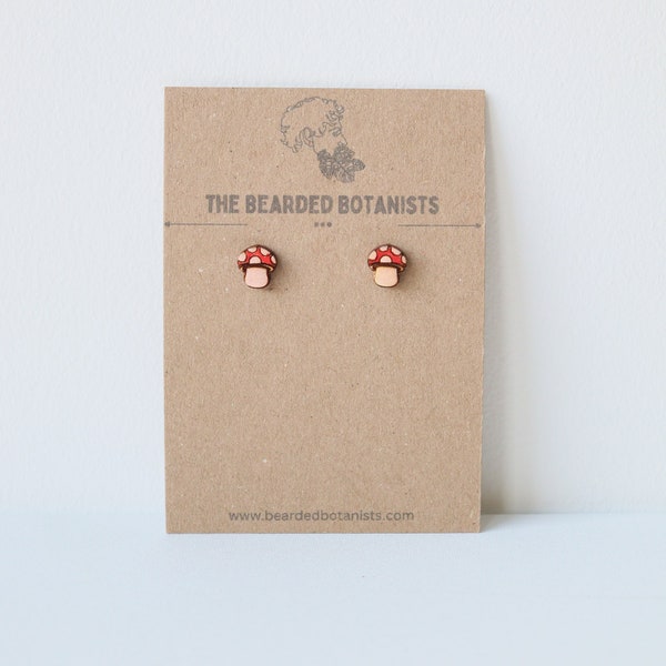 Cute Mushroom stud earrings, Hand painted woodland toadstool jewellery, Laser cut engraved fungus wooden earrings for her