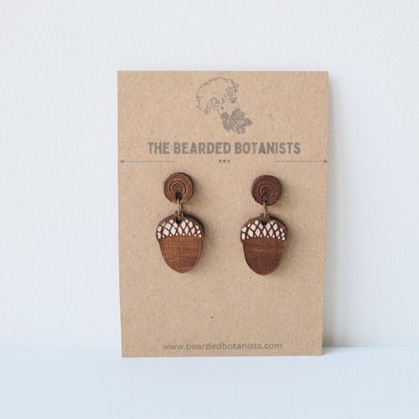 Cute acorn drop / stud earrings, Hand painted woodland jewellery, Laser cut wooden earrings.