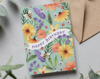 Summer Floral Happy Birthday A5 Greetings Card, Cards for her, Birthday Card for Mother, Birthday card for friend, Birthday Card for Sister