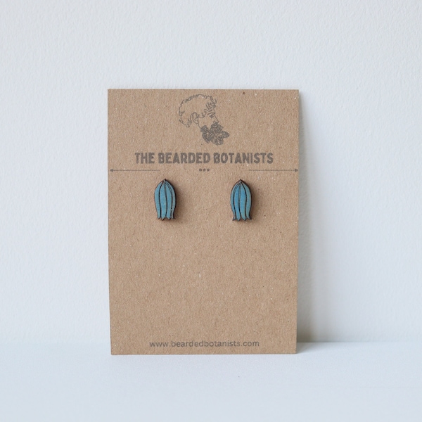 Handmade bluebell stud earrings, Hand painted festive jewellery, Laser cut plant wooden earrings.