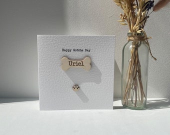 Personalised Dog Gotcha Day Greetings Card - Handmade - Wooden Engraved Dog Bone Name Tag - Wooden Paw Print - Cute Dog Mum - Dog Dad