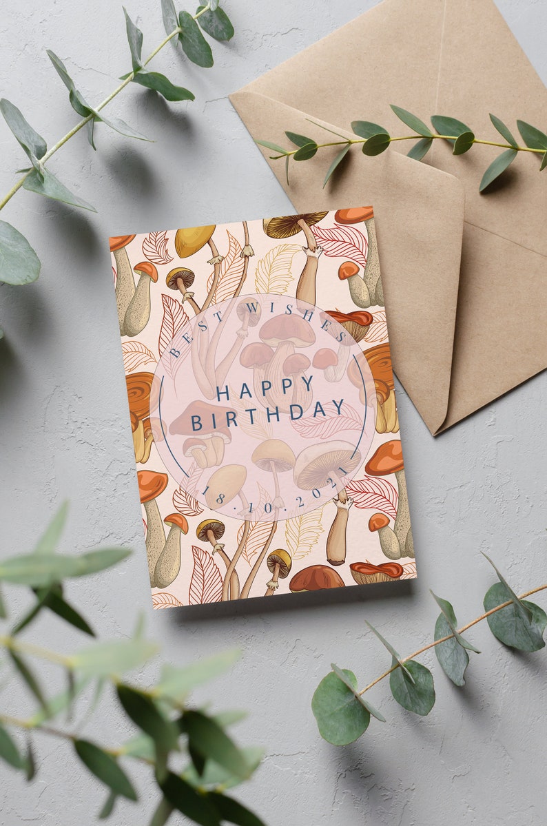 Personalised Date Birthday Card, Forest Finds, Mushroom heart card, Fungi Illustration, Mushroom Greeting Card, Fungi Greetings Card image 1