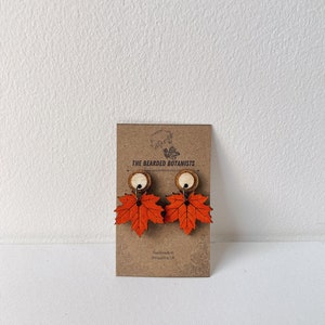 Autumnal Sycamore leaf drop stud earrings, Hand painted autumn leaf jewellery, Laser cut wooden fall orange earrings.