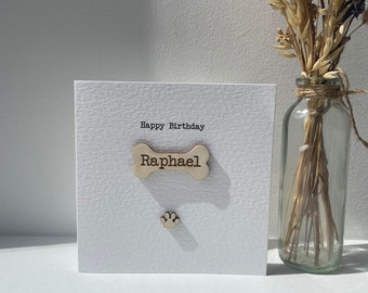 Personalised Dog Birthday Greetings Card - Handmade - Wooden Engraved Dog Bone Name Tag - Wooden Paw Print - Cute Dog Mum - Dog Dad