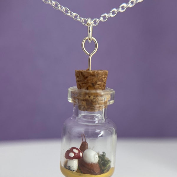 Tiny Snail Bottle With Toadstool Pendant Necklace