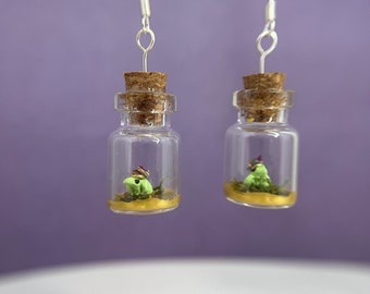 Tiny Frog Prince/Princess in A Bottle Earrings