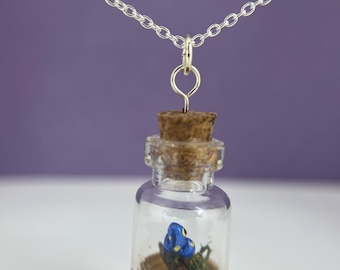 Tiny Blue Dart Frog Bottle Pendant Necklace