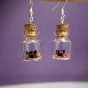 May include: A pair of dangle earrings featuring miniature glass bottles with cork stoppers. Each bottle contains a small black bat with red eyes and red and brown dried leaves.
