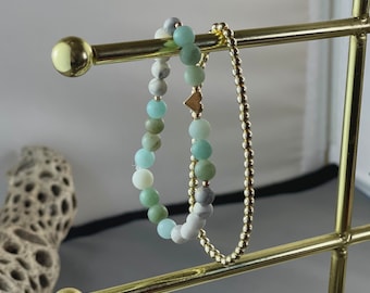 Amazonite + Howlite Healing 6mm Crystal Beaded Bracelet Set, 18k Gold Heart, 3mm Gold Hematite Beaded Bracelet, Gift Set, Dainty, Stackable