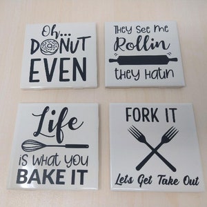 Set Of 4 Funny Kitchen Pun Ceramic Tile Coasters With Cork Back