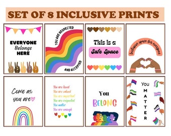 8 Inclusive Therapist Office Posters | Safe Space Diversity Wall Art for Social Workers | LGBTQ+ School Counselor Office Decor