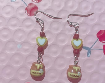 Honey Jar Bear Pooh Beaded Charm Dangle Earrings