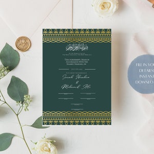 Green & Gold Nikkah Contract | Muslim Marriage Certificate | Made to Order Digital Download